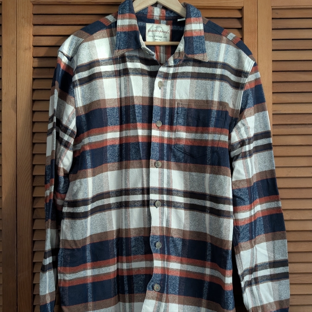 Men's Plaid Shirt - Navy, White, and Orange - Weatherproof Brand